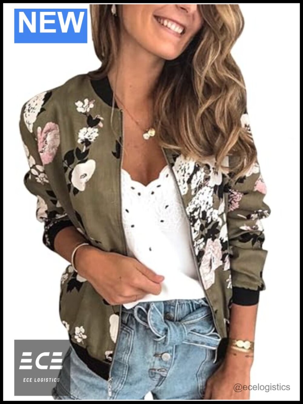 Lightweight Floral Zip Up Bomber Jacket Casual Quilted Outwear with Pockets